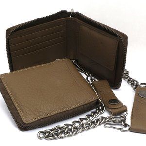 Bifold Light Brown Genuine Leather Scale Texture Zip-Around Wallet with a Chain